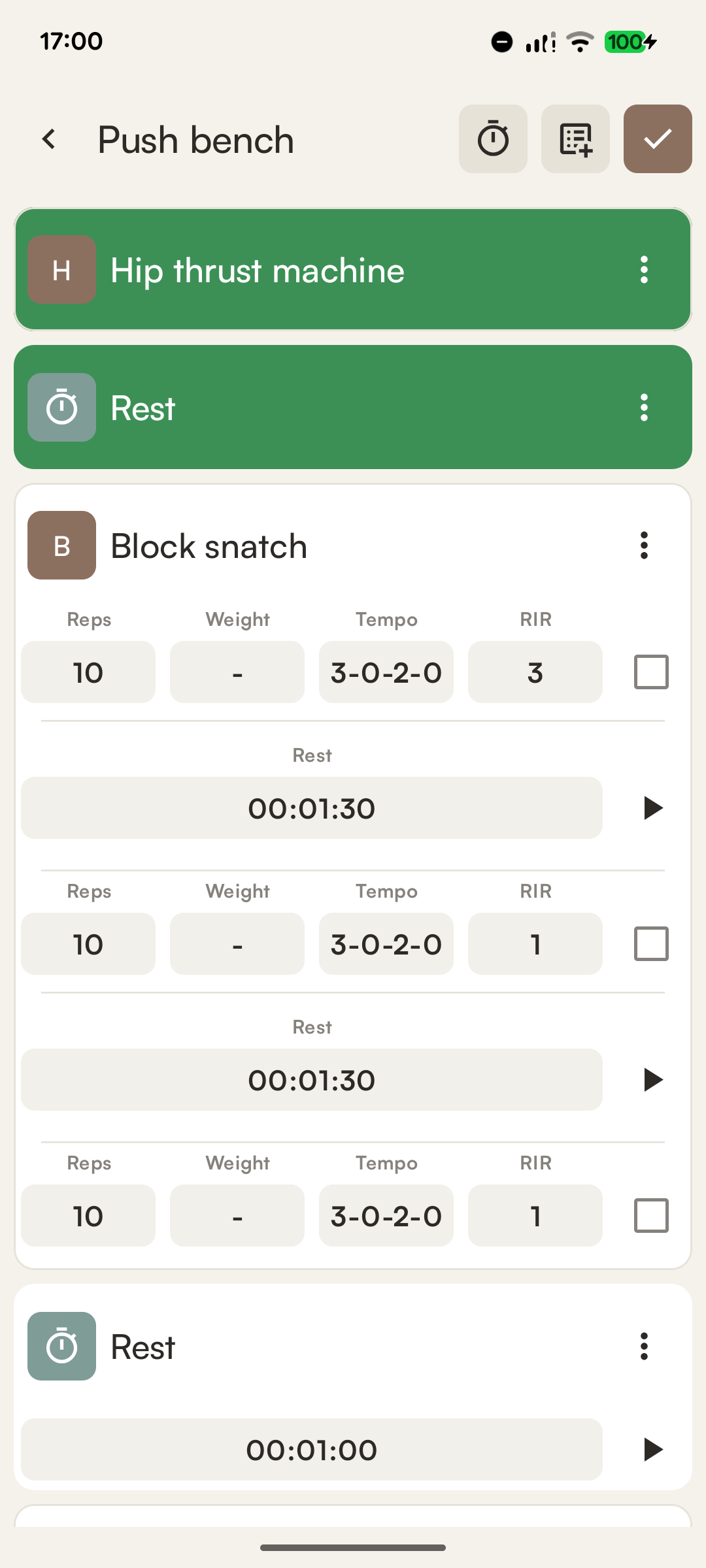 Workouts app - active workout tracking with sets, reps, and rest timers